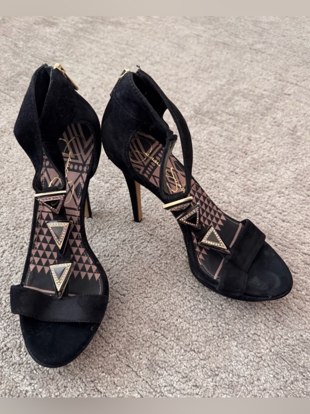 Jessica Simpson Black Suede T-Strap High Heel Sandals with Gold Accents. - Picture 2 of 8